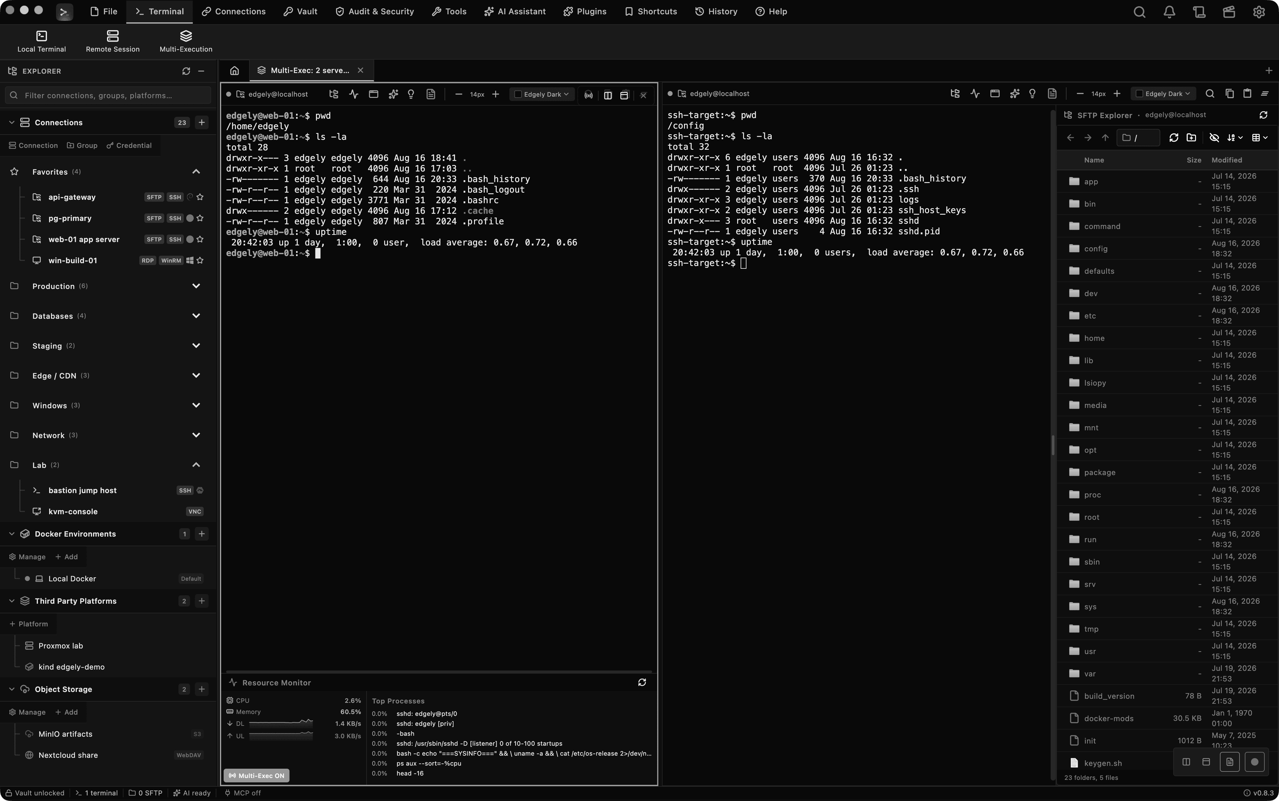 Edgely Console, a multi-exec SSH session with the SFTP explorer and the resource monitor