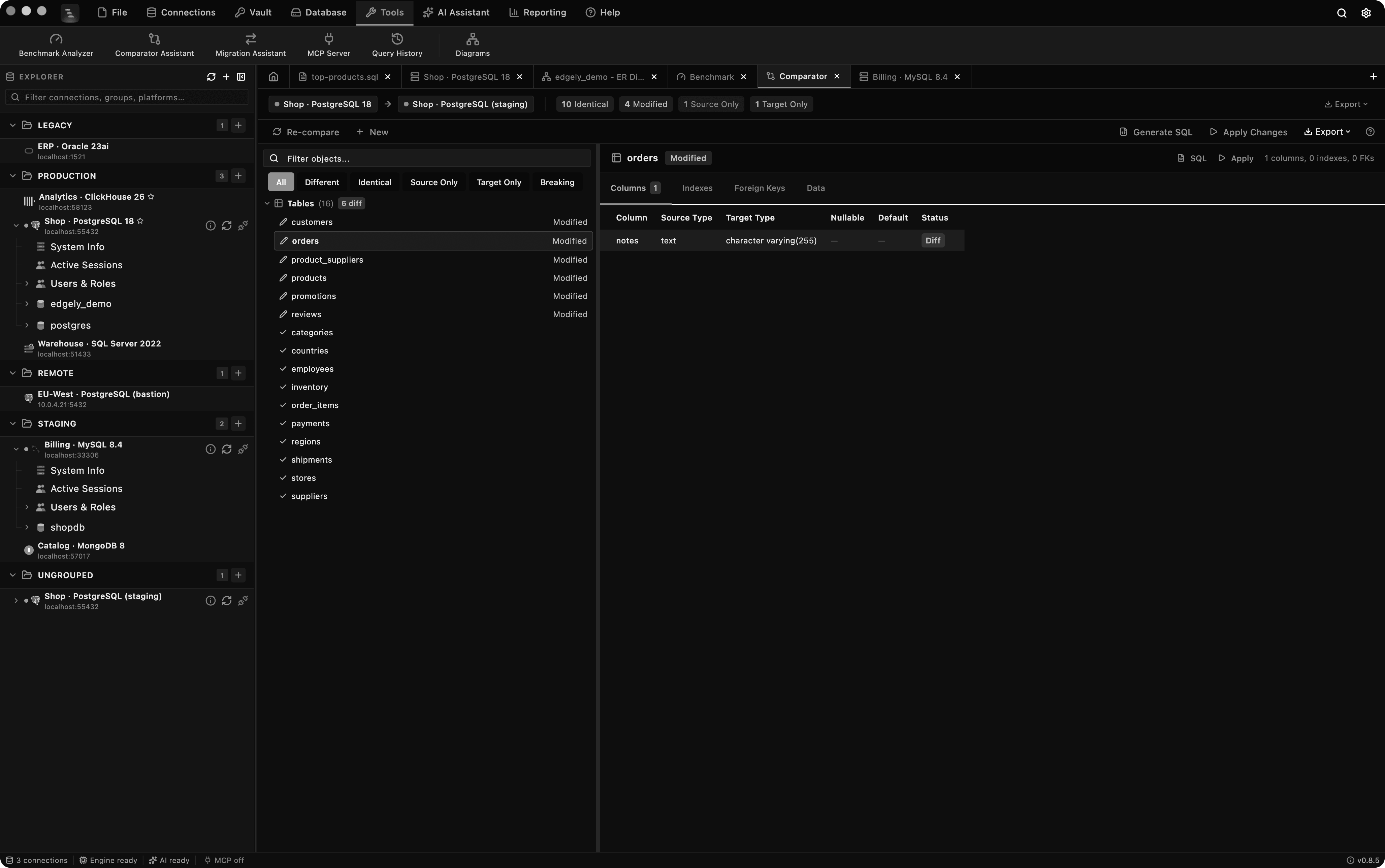 Edgely Database Manager Comparator listing the tables that differ between two PostgreSQL databases