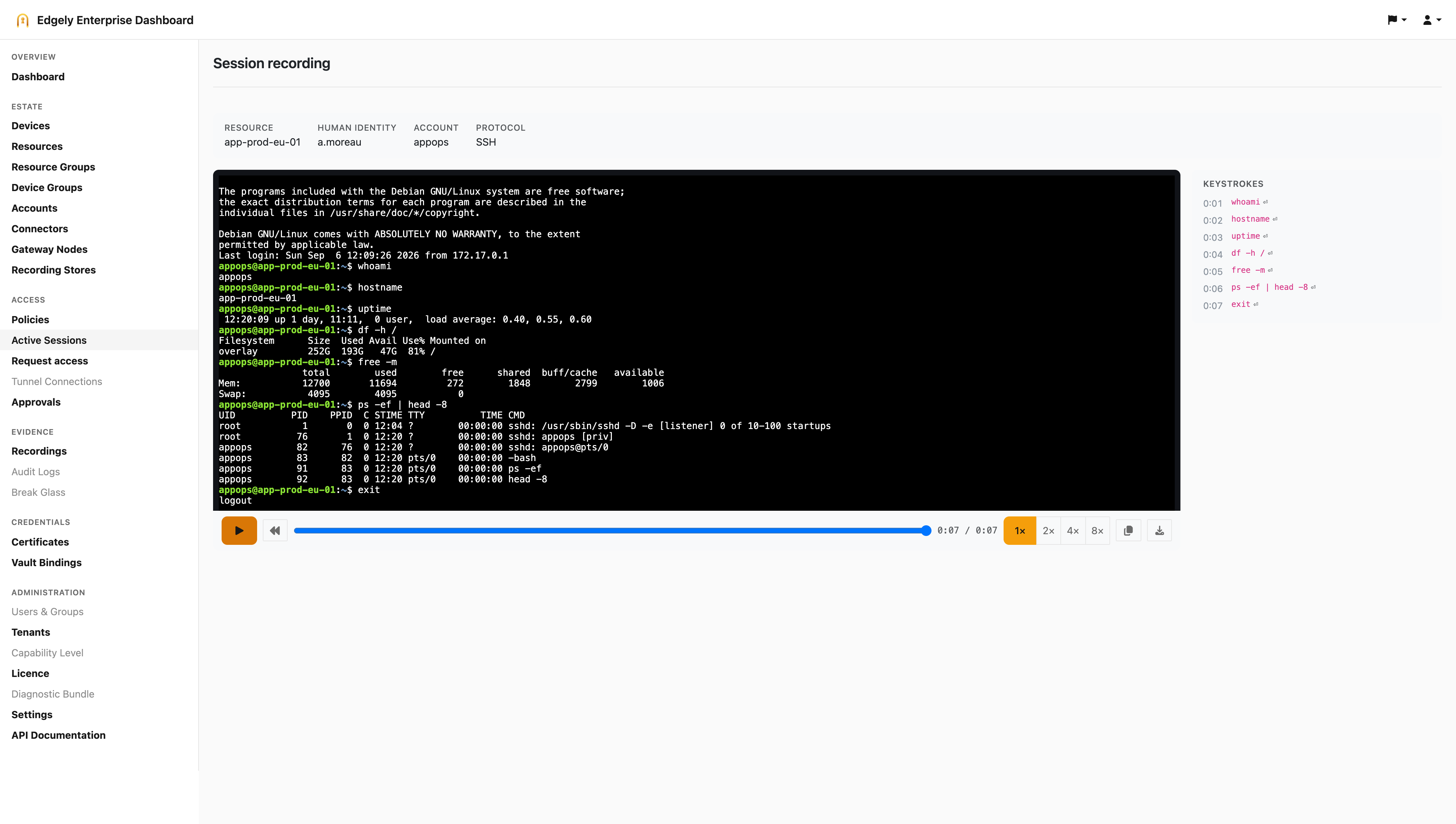 A recorded SSH session replayed in the Enterprise Dashboard, with the terminal output and a keystroke timeline beside it.