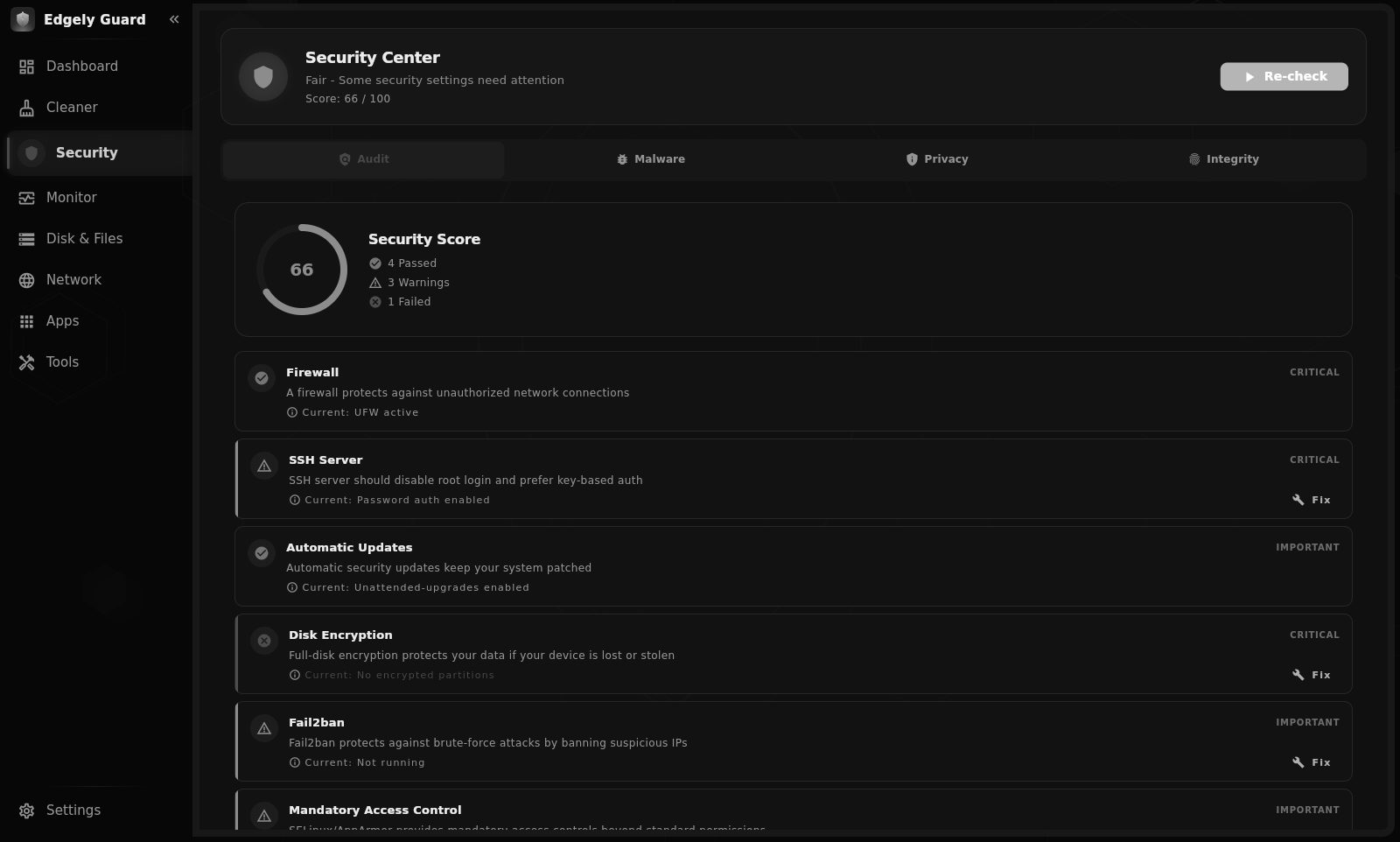 The Security Center on Linux: firewall, SSH, updates, disk encryption, fail2ban and mandatory access control, with a score