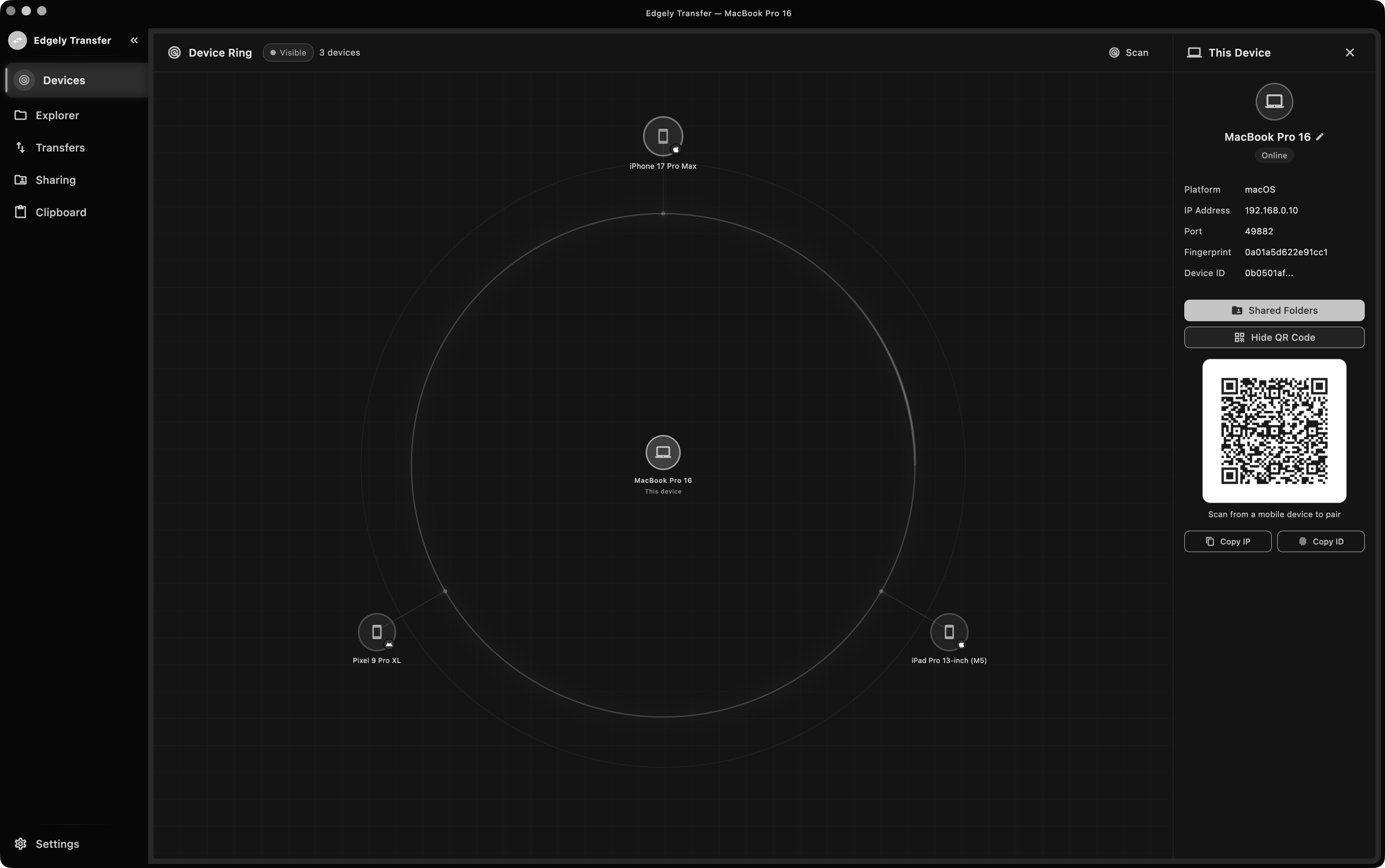 Edgely Transfer, nearby devices on the Device Ring